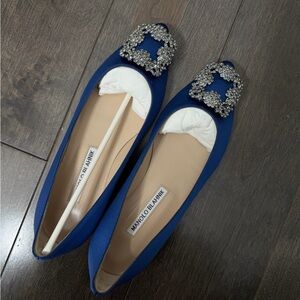 Manolo Blahnik Royal Blue Satin Jeweled Flats
